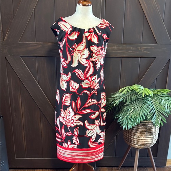 Red and Black Midi Sheath Dress with Cap Sleeves and Bateau Neckline - Picture 1 of 8